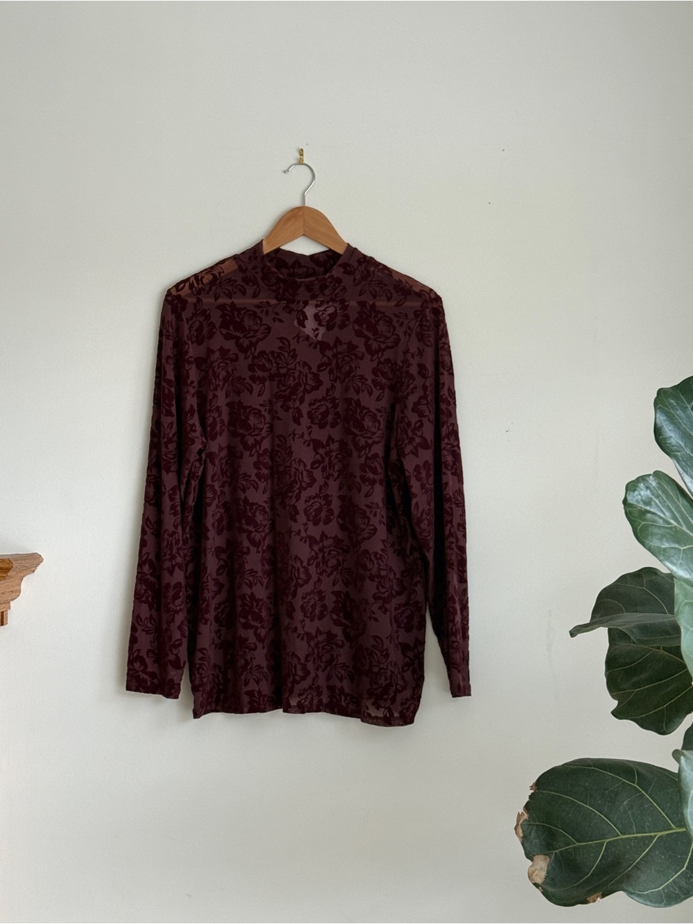 torrid Floral Burnout Mock Neck Top - Burgundy sheer/velvet